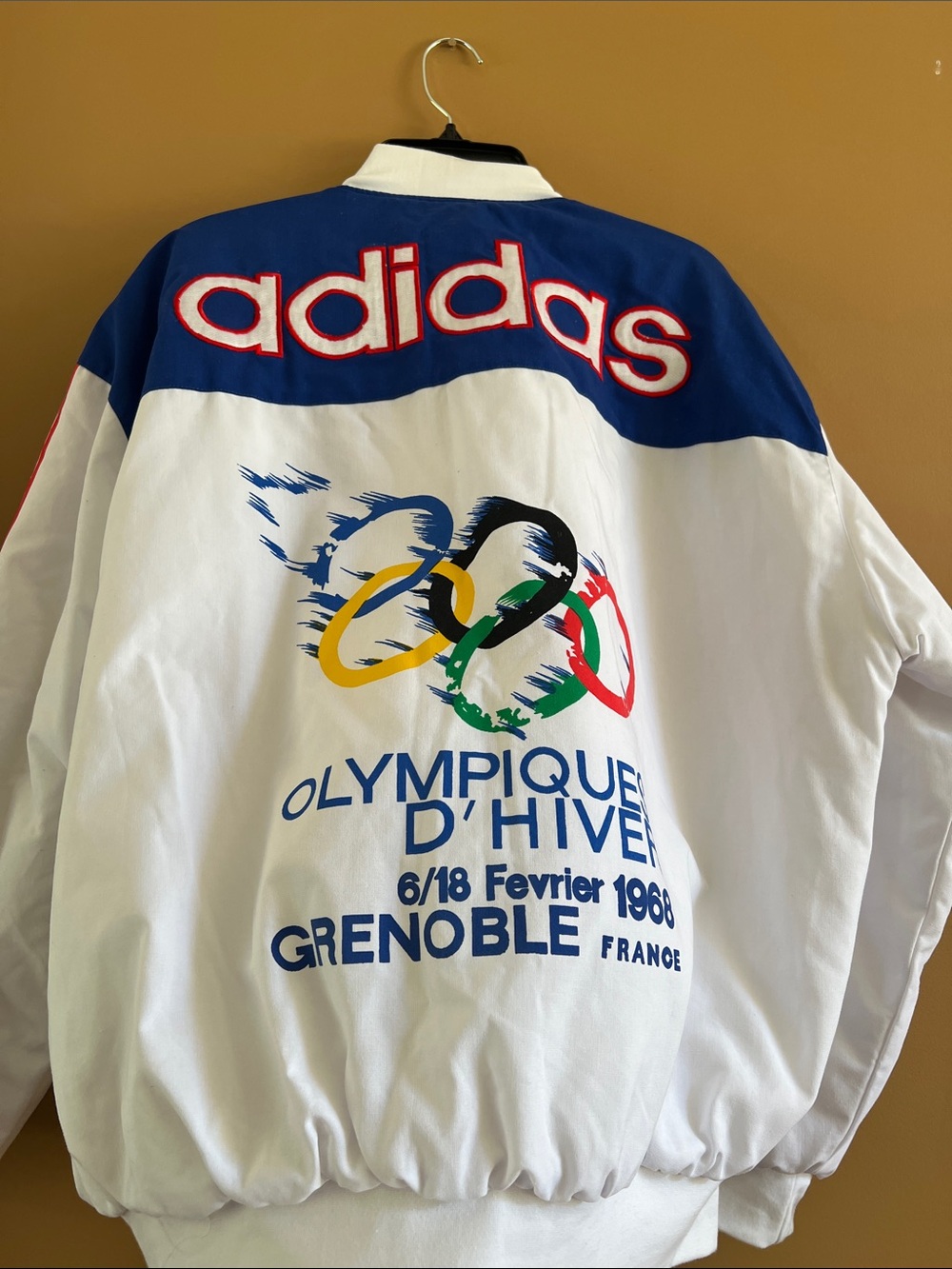 adidas Vintage Olympic White Bomber Jacket with olympic colors in Striped Accent